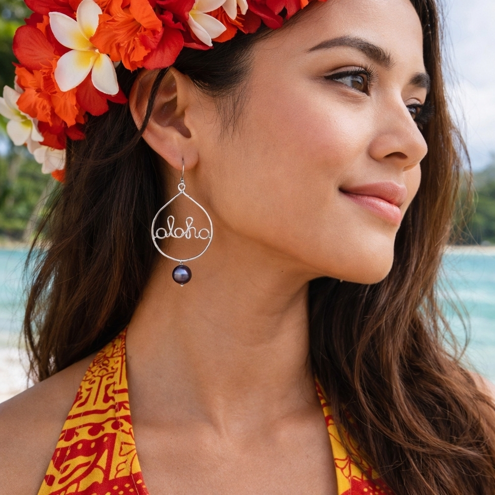 Aloha Script Dangle Earrings Sterling Silver Tone… - image 1